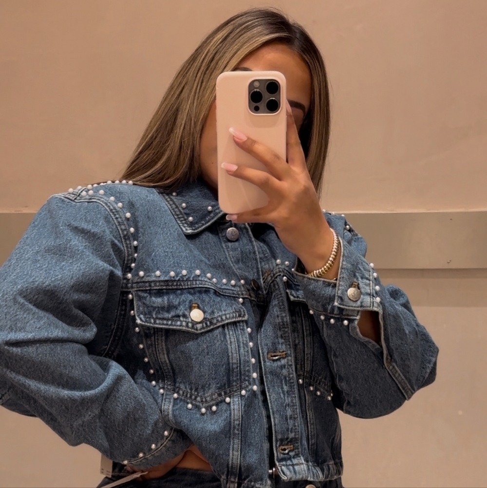 Pilcro Embellished Denim Cropped Trucker Jacket Faux Pearls Size Large Blue